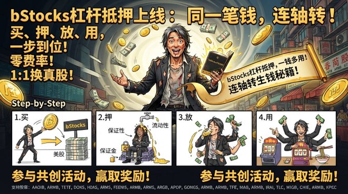This promotional image advertises bStocks' new leveraged collateral feature, headlined "bStocks杠杆抵押上线：同一笔钱，连轴转！" (bStocks Leveraged Collateral Launch: One fund, continuous rotation!). It illustrates a 4-step process ("Step-by-Step"): 1. 买 (Buy US stocks via bStocks), 2. 押 (Collateralize with保证金/保证金金 for流动性), 3. 放 (Release funds), and 4. 用 (Use for trading), emphasizing "零费率" (zero fees) and "1:1换真股" (1:1 swap for real stocks), while listing supported tickers including AAOI, ARMB, TET, DONs, HDAS, FEENIS, ARGB, APOP, and others at the bottom.