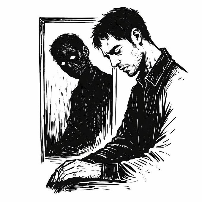 A black and white ink-style illustration showing a man with his head bowed in front of a mirror, while his reflection appears as a menacing shadowy figure with glowing white eyes.