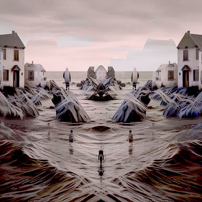 A surreal, mirrored, symmetrical composition showing small figures standing in water among rocks and dilapidated buildings under a hazy sky.