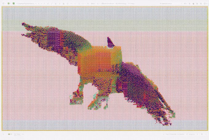 A pixelated mosaic of a cat in mid-leap, rendered in vibrant rainbow colors (purple, green, orange, red) against a pale pink background within what appears to be a spreadsheet interface.
