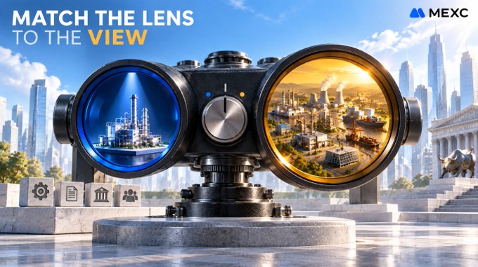 A promotional banner for MEXC cryptocurrency exchange reading "MATCH THE LENS TO THE VIEW", featuring binoculars displaying an oil rig and industrial cityscape, with classical architecture and a bull statue in the background.