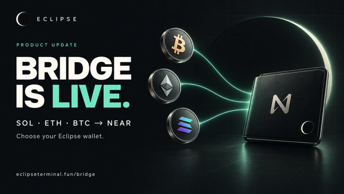 An advertisement for 'ECLIPSE' cryptocurrency bridge announcing 'BRIDGE IS LIVE' for SOL, ETH, and BTC to NEAR tokens, showing Bitcoin, Ethereum, and Solana coin icons connecting to a wallet device.
