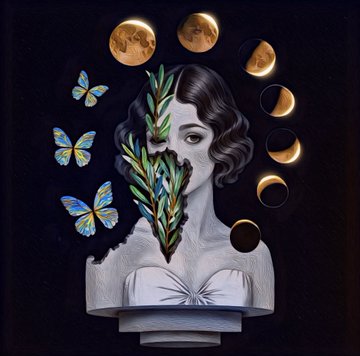 An artistic composition showing a pale bust of a woman whose face is partially obscured by green leaves, surrounded by yellow butterflies on the left and phases of the moon on the right against a dark background.