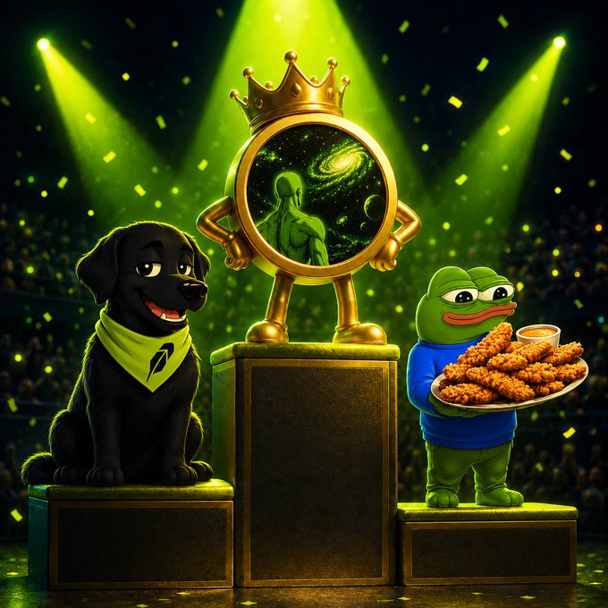 A surreal image showing a golden trophy with a crown containing a green alien in space, flanked by a black Labrador with a green bandana on the left and a Pepe the Frog character holding fried chicken on the right, all on a stage with green lighting.