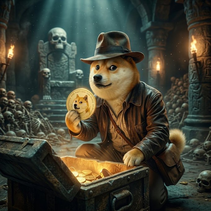 An AI-generated image of a Shiba Inu dog dressed as Indiana Jones holding a Dogecoin coin in a tomb filled with gold and skulls.