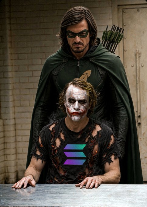 The image features a masked archer figure (styled like the superhero Green Arrow) standing behind a Joker-like figure, with the archer's chest logo replaced by the purple Solana emblem and the Joker's tattered shirt displaying the multicolored Solana logo — visually symbolizing the "Robinhood Chain vs. Solana" rivalry by pitting a dark, edgy counterpart against the iconic crypto brand.