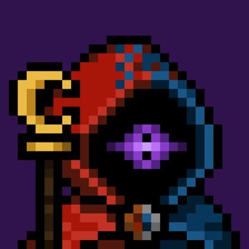A pixel art character in a red hooded robe with a glowing purple eye holds a golden staff, set against a dark purple background.