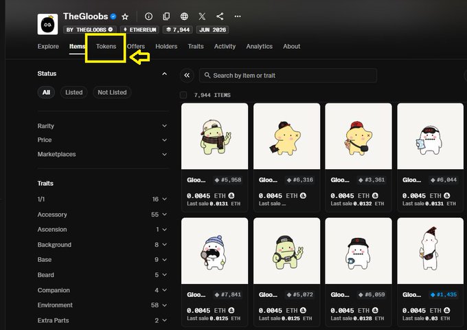The image shows the OpenSea "Tokens" tab for TheGloobs NFT collection on Ethereum, displaying 7,944 items with various character NFTs priced at 0.0045 ETH. The highlighted "Tokens" navigation tab and the Ethereum blockchain label (7,944/JUN 2026) visually correspond to the announcement that $GLOOB is now accessible as a token directly from The Gloobs collection page on OpenSea.