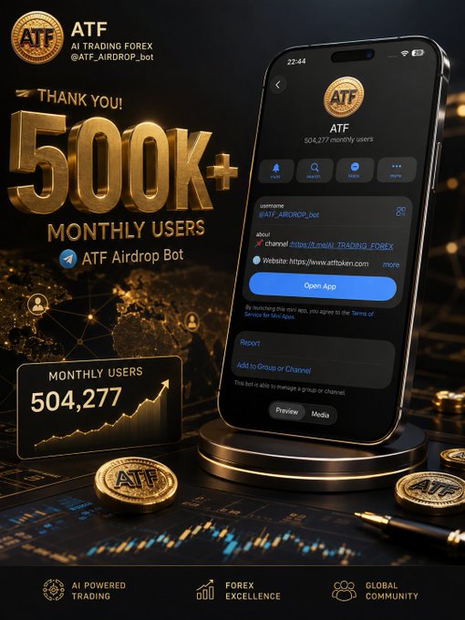 A promotional image for the "ATF AI Trading Forex" Telegram bot (@ATF_AIRDROP_bot) celebrating surpassing 500K monthly users, displaying a smartphone showing the bot's interface alongside gold "ATF" coins and a growth chart indicating 504,277 users. The post invites viewers to join the growing global community via the Telegram link t.me/ATF_AIRDROP_bot.