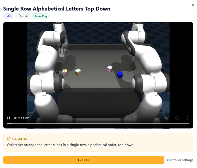 A video player shows a simulated robotic arm task titled 'Single Row Alphabetical Letters Top Down,' with the objective 'Arrange the letter cubes in a single row, alphabetical order, top down.'