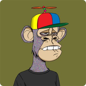 A cartoon illustration of a bored-looking monkey wearing a colorful propeller hat with a rainbow-striped pattern.