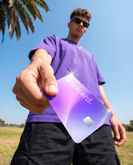 A young man in a purple shirt and sunglasses holds out a purple "solcard" featuring a visible EMV chip, suggesting a transition from traditional banking to crypto payments. The card's vibrant design and the "Bank → Crypto" messaging align with SolCard's positioning as a privacy-focused crypto payment solution.