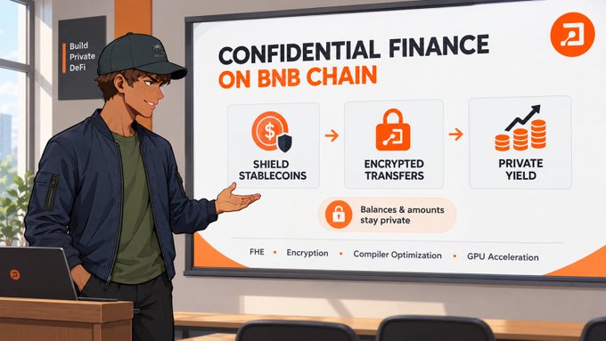 A presentation slide titled “CONFIDENTIAL FINANCE ON BNB CHAIN” illustrates “SHIELD STABLECOINS,” “ENCRYPTED TRANSFERS,” and “PRIVATE YIELD,” with notes that “Balances & amounts stay private” and references to “Encryption,” “Compiler Optimization,” and “GPU Acceleration.”