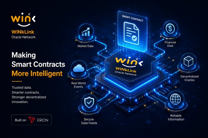 Promotional graphic for 'WINkLink Oracle Network' built on TRON, featuring the tagline 'Making Smart Contracts More Intelligent' with surrounding icons for Market Data, Financial Data, Real World Events, Decentralized Oracles, Reliable Information, and Secure Data Feeds.