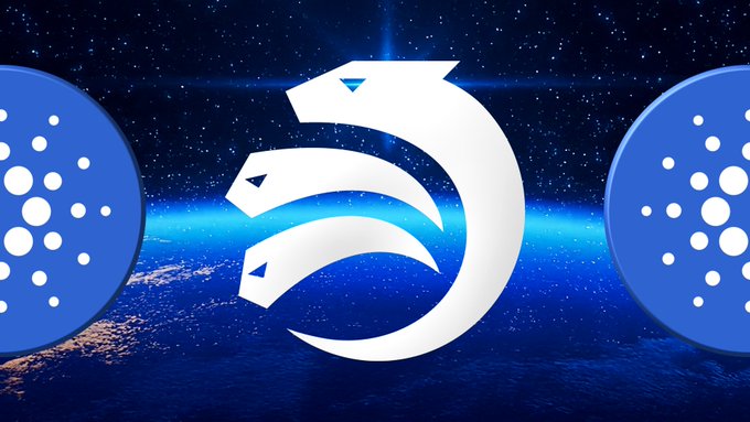 A stylized white snake-like logo (Cardano's emblem) sits centered against a cosmic blue backdrop featuring Earth from space, flanked by two Cardano coin symbols on either side. The image represents Cardano's ($ADA) recent Hydra network launch supporting native Linux ARM64.