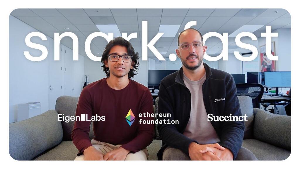 Two men sitting on a couch with 'snark.cast' text overlaid, featuring logos for EigenLabs, Ethereum Foundation, and Succinct.