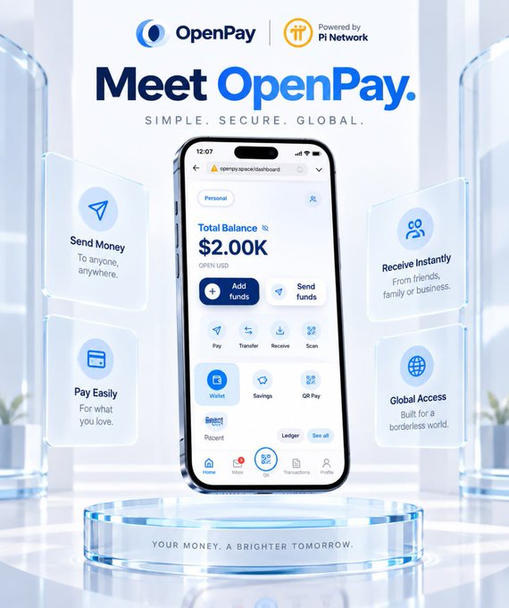 An advertisement for the OpenPay app, displaying 'Meet OpenPay. SIMPLE. SECURE. GLOBAL.' powered by Pi Network, featuring a smartphone showing a $2.00K balance and features like 'Send Money', 'Pay Easily', 'Receive Instantly', and 'Global Access'.