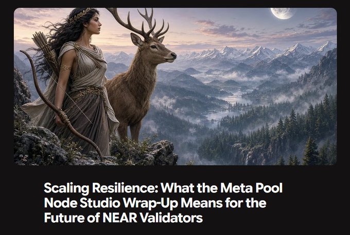 An article header titled "Scaling Resilience: What the Meta Pool Node Studio Wrap-Up Means for the Future of NEAR Validators," featuring artwork of a woman archer and a deer.