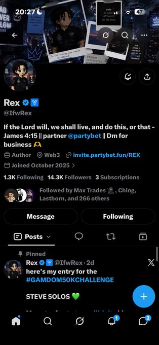 A Twitter/X profile for 'Rex' (@iFwRex) displaying a bio with Bible verse James 4:15, follower counts of 1.3K/14.3K, and a pinned post about a #GAMDOMSOKCHALLENGE.