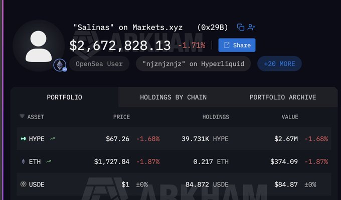 A screenshot of a crypto portfolio showing 'Salinas' on Markets.xyz with a total value of $2,672,828.13, displaying holdings including 39.731K HYPE ($2.67M), 0.217 ETH ($374.09), and 84.872 USDE ($84.87)