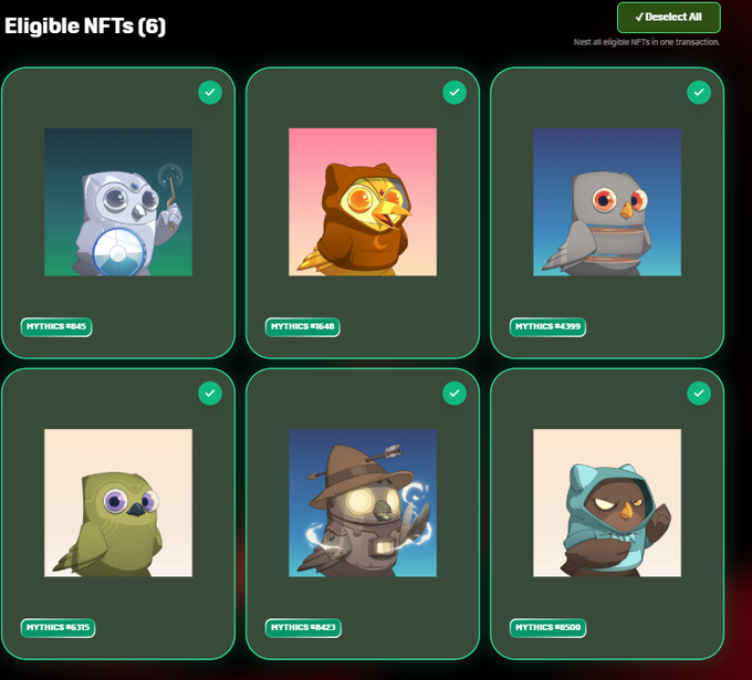 A digital interface displays six eligible NFTs in a grid, each featuring a unique stylized owl character (including a wizard and a hooded figure) on colored backgrounds, with labels like 'MYTHICS #845', 'MYTHICS #1568', and 'MYTHICS #4500'.