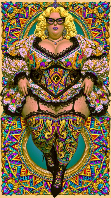 A vibrant digital artwork of a plus-size blonde woman with glasses, wearing an elaborate, ornate outfit with a plunging neckline, garter belt, and patterned thigh-high stockings, surrounded by a complex geometric mandala border.