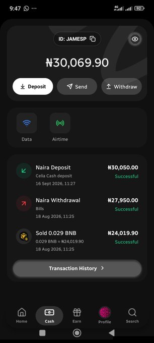 A mobile banking app screenshot showing a balance of ₦30,069.90 under the name 'JAMESP', with a transaction history including Naira Deposits and a BNB sale.