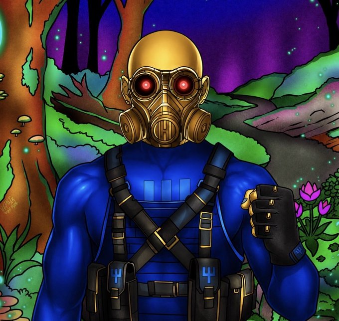 A stylized, muscular blue figure wearing a golden gas mask with red glowing eyes and tactical gear, standing in a colorful, glowing forest.