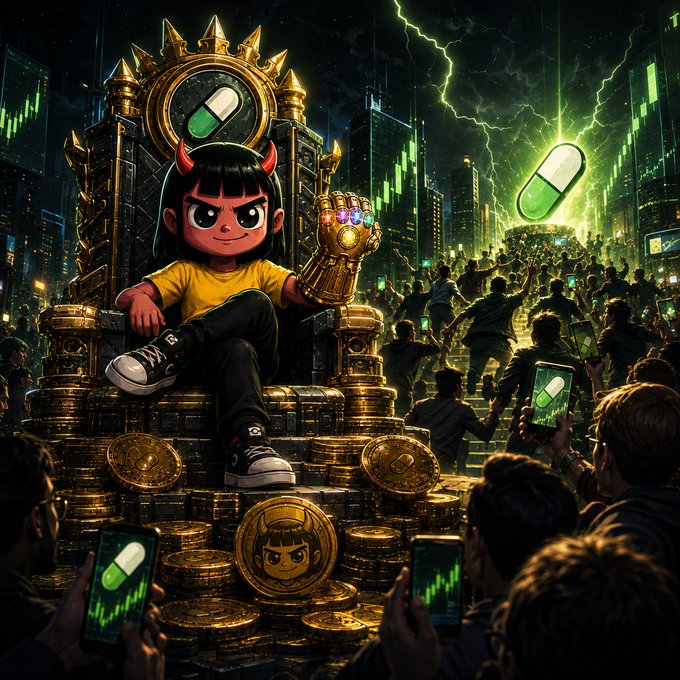 A vibrant digital illustration of a devil-horned character with a large gauntlet sitting on a throne of gold coins, while a crowd holds up phones displaying green pills in a stormy cityscape.