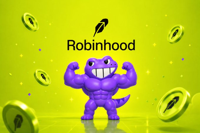 A muscular purple cartoon character flexes its biceps against a bright yellow background filled with floating Robinhood logo coins and sparkles, with the "Robinhood" name and feather logo displayed prominently above. The playful, bold imagery visually represents the "memecoin" energy described in the post's guide to trading Robinhood Chain tokens.