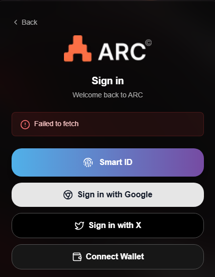 An ARC sign-in screen showing a 'Failed to fetch' error message, with options to 'Sign in with Google', 'Sign in with X', or 'Connect Wallet'.