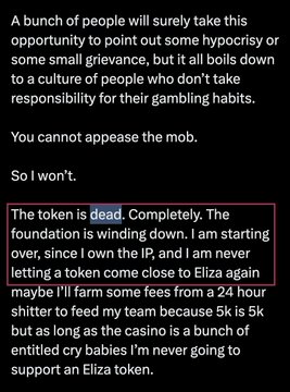 A screenshot of text discussing a crypto token being 'dead', with the author refusing to farm fees from a 24-hour shitter to feed their team, criticizing entitled crybabies.