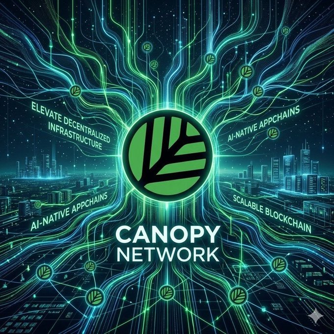A futuristic promotional graphic for "CANOPY NETWORK" featuring a central green leaf logo set against a dark cityscape backdrop with glowing blue and green data streams, highlighting key features like "ELEVATE DECENTRALIZED INFRASTRUCTURE," "AI-NATIVE APPCHAINS," and "SCALABLE BLOCKCHAIN," visually reinforcing the post's message about launching sovereign appchains with AI-powered tools.