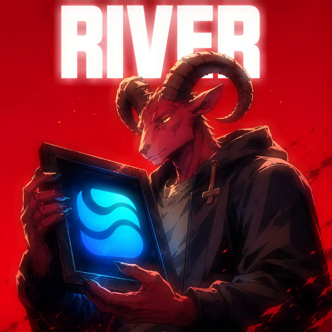 The image features a man with horns holding up an object that has a blue wave design on it. The man appears to be wearing a black jacket and is standing against a red background, which seems to be a banner or poster related to the game "River". The text in the image reads "RIVER" along with some additional information about the game.
