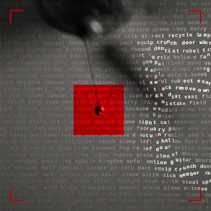 A dark, glitchy image of a creature's face partially obscured by overlaid text in various fonts, with a red highlighted square in the center containing words like 'crunch,' 'enable,' and 'crisp.'