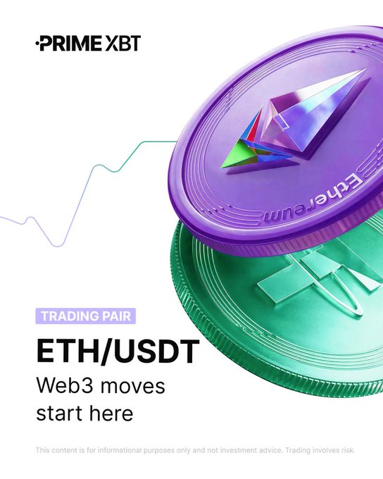 A promotional graphic for Prime XBT featuring ETH/USDT trading pair with text 'Web3 moves start here' alongside stacked Ethereum and Tether coins.