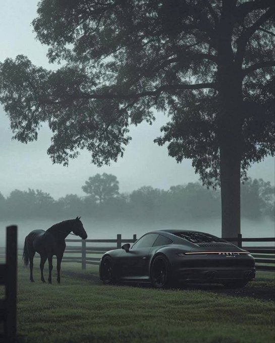 A moody, fog-drenched farm scene at dusk showing a dark horse and a matte black Porsche 911 parked beneath a towering oak tree along a wooden fence, capturing a quiet "good night" moment that pairs with the post's evening sign-off to @CNPYNetwork by evoking stillness and the calm end of a day.