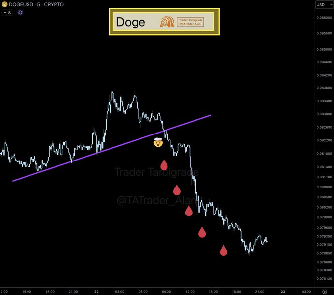 A DOGE/USD 5-minute chart shows Dogecoin breaking sharply below a purple upward-trending support line and continuing lower through several marked red drops. Key visible text includes “DOGEUSD · 5 · CRYPTO,” “Doge,” “Trader.TargetAjani,” “@TATrader_Akari,” and the caption “$Doge /5min Who is selling #Dogecoin?”