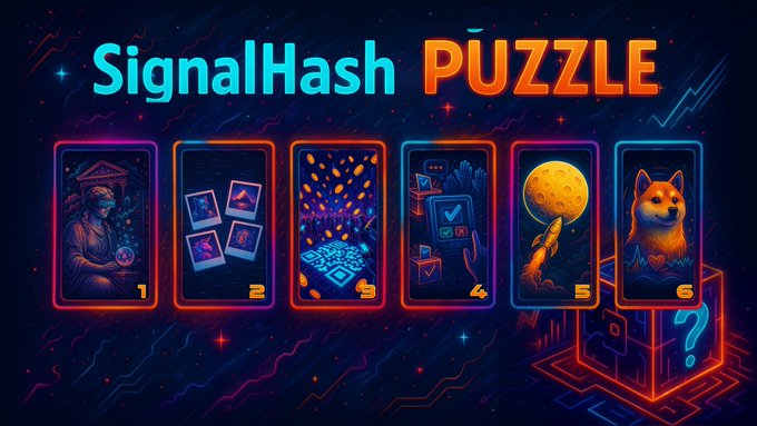 A neon-styled promotional graphic titled 'SignalHash PUZZLE' showing six numbered cards with various illustrations including a cat, moon, rocket, and doge character.