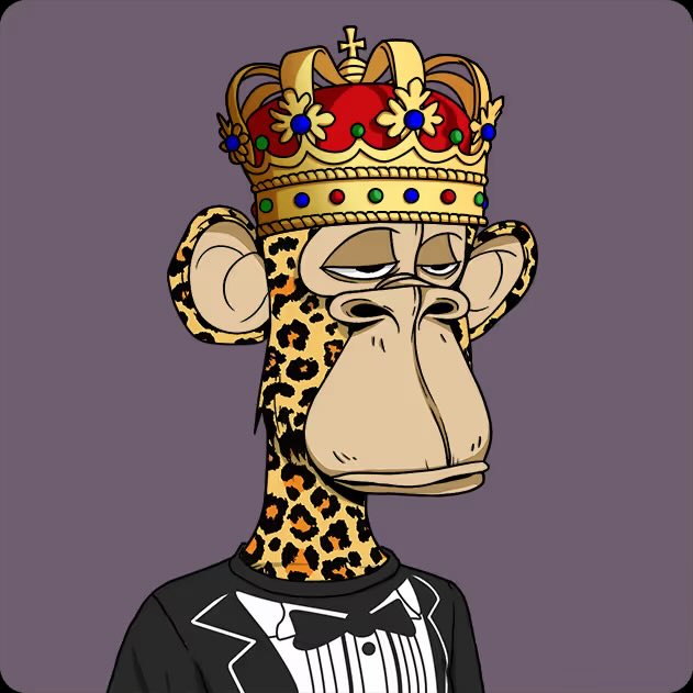 A Bored Ape-style cartoon monkey wearing a leopard-print texture, a red and gold crown with jewels, and a black tuxedo with a bowtie.