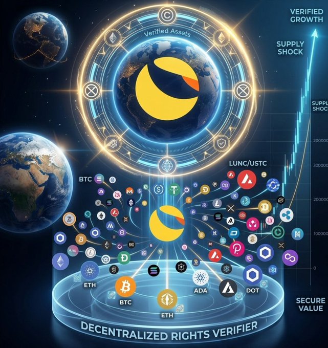 A futuristic digital graphic depicting a globe surrounded by neon circles labeled 'Verified Assets,' with a supply shock chart on the right and a network of cryptocurrency logos including BTC, ETH, and ADA at the bottom, labeled 'Decentralized Rights Verifier.'