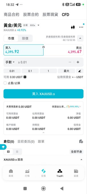 A screenshot of a trading app interface displays a buy order for Gold/USD (XAUUSD.s) at 4,395.92, with Chinese text for menus and a green 'Buy XAUUSD.s' button.