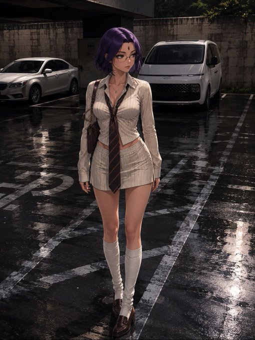 An anime-style character with purple hair wearing a white shirt, tie, and knee-high socks in a rainy parking lot.
