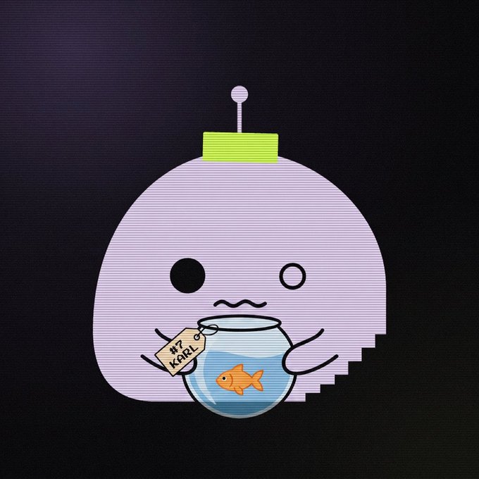A cute cartoon ghost-like character with a green antenna holds a fishbowl containing an orange fish and a '#7 KARL' tea bag tag.