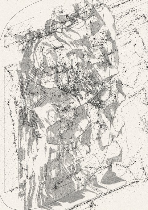 An abstract monochromatic artwork featuring overlapping charcoal-like textures, gestural scribbles, and irregular geometric shapes rendered in grayscale tones.
