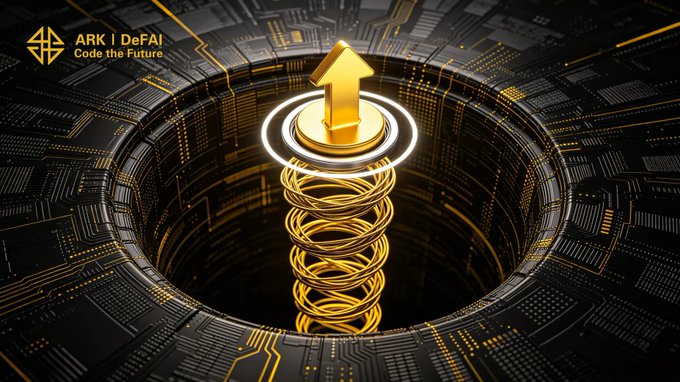 A golden upward arrow emerges from a glowing spring mechanism set within a circuit board, symbolizing scalable lift and momentum, with the text "ARK | DeFAI Code the Future" in the corner. The image visually reinforces the post's message about Arkie AI App designing systems within the ARK ecosystem that elevate users through structured workflows and faster Web3 execution.