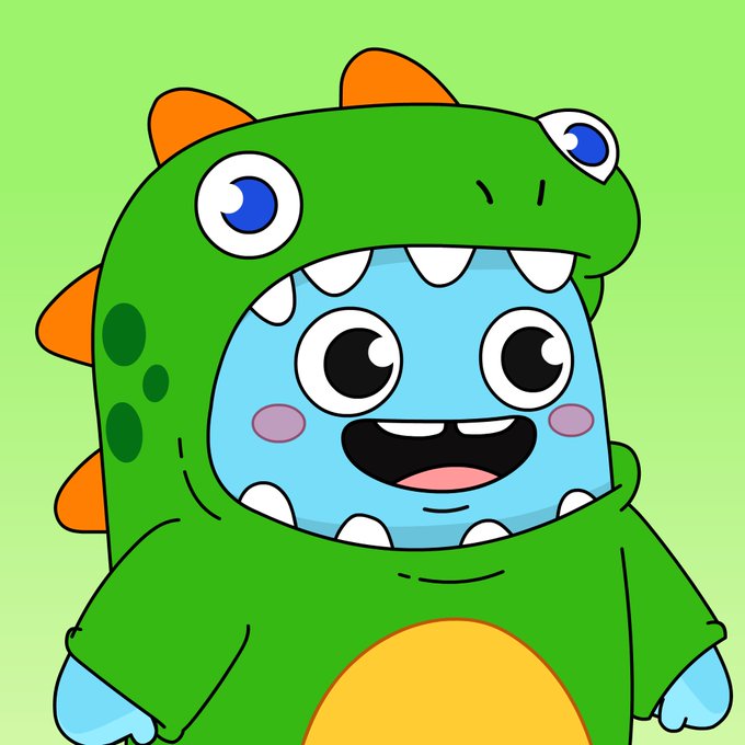 A cartoon illustration of a cute blue character wearing a green dinosaur costume with orange spikes.