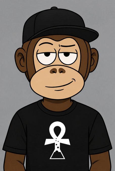 A cartoon-style illustration of a monkey wearing a black baseball cap and a black t-shirt featuring a white ankh symbol.