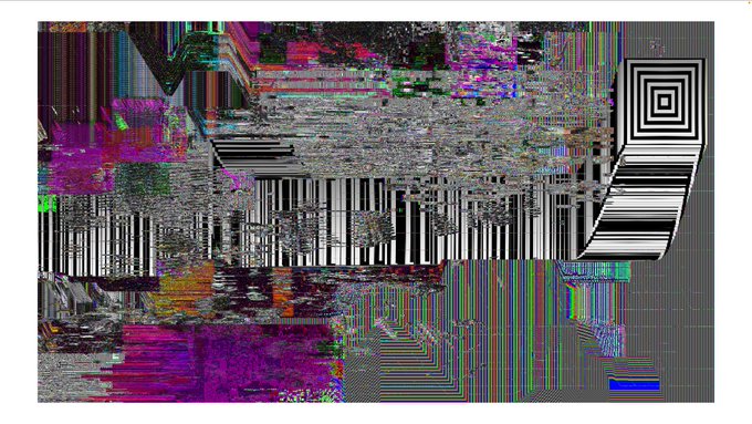 A distorted digital glitch artwork featuring colorful horizontal and vertical lines in magenta, purple, and black, with a black-and-white spiral optical illusion graphic on the right side over a gray grid background.