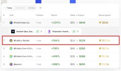A close-up of a crypto token tracking interface showing a list of tokens, with a red box highlighting an entry for 'Whitelist Token' displaying +744% and a bonus payout of $124.